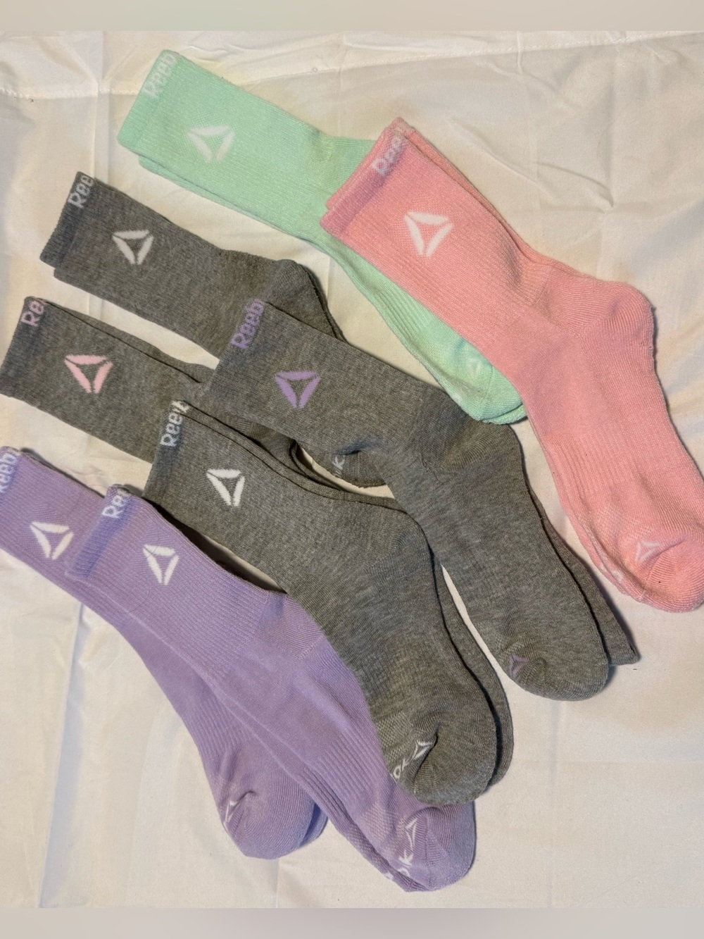 Reebok Crew Athletic Socks - Pink, Mint, Lavender & Gray (8 Pair) Size 4-7) NWOT